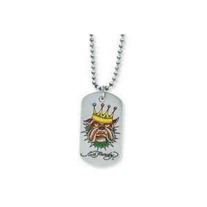    Ed Hardy Stainless Steel Bulldog King Dog Tag Necklace Jewelry
