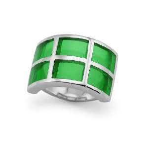    Stainless Steel Womens Ring with green resin inlay. Jewelry