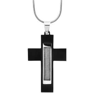  Inox Jewelry Black Cabled Cross Pendant Necklace: Jewelry