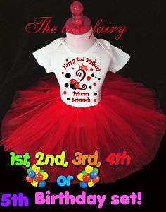 Princess Ladybug lady bug Birthday crown shirt & red tutu set name age 