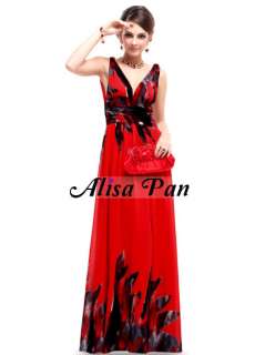Double V neck Reds Print Chiffon Empire Line Pleated Prom Dress 09641 