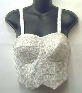 Lace Pearl Beaded Bustier Top Blouse   Ivory  