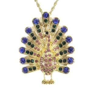 Rainbow Crystal Peacock Necklace Gold Vintage Exotic Bird of Paradise 