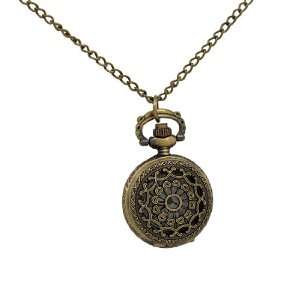   Brass Finish Filigree Flower Pocket Watch Necklace Steampunk Jewelry
