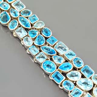 Natural Sparkling Blue Topaz Gemstone 925 Sterling Silver Bracelet 
