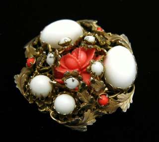 Celluloid Brooch Vintage Pin Faux Coral Rose White Glass Cabs  