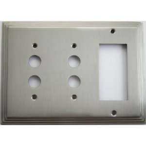 Satin Nickel Deco Style Three Gang Wall Plate   Two Push Button Switch 