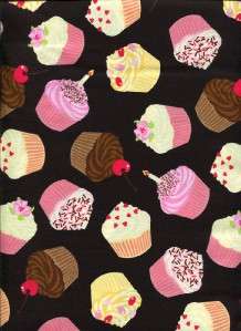 cupcakes pink chocolate on blk cotton quilt fabric image shows 