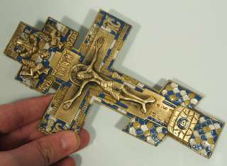 RARE! Russia orthodox bronze icon cross Crucifix.18.th cent.Enameled 