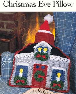 Christmas Eve Cottage Pillow, holiday crochet pattern  