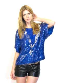   SILK ROYAL BLUE SEQUIN BEADED draped TROPHY COCKTAIL PARTY TOP BLOUSE