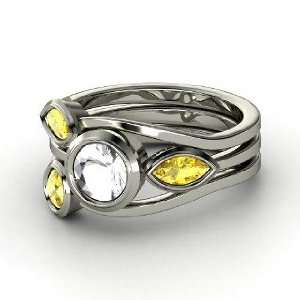 Vine Ring Set, Round Rock Crystal Sterling Silver Ring with Yellow 