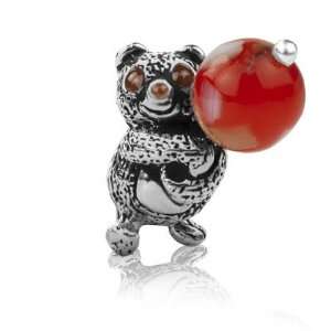 Sterling Silver Bear Carries Candy Charm with Red Sea Shell Pearl 