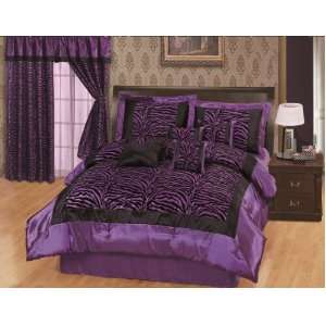 7pcs Purple Black Satin Zebra Flocking Comforter Set Twin Size with 4 