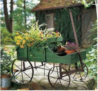 Green Amish Style Wooden Rolling Country Wagon Garden Yard Art Decor 
