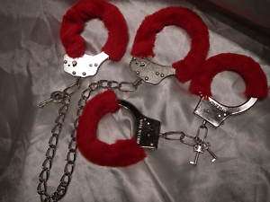 SET OF LEG SHACKLES(open with key) & HAND CUFFS RED  
