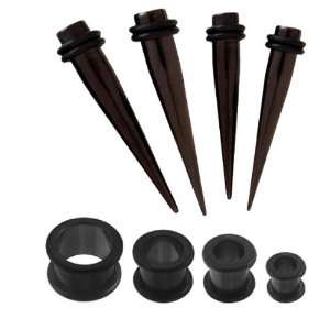 Ear Gauges Stretching Kit Tapers with Plugs Black Acrylic Screw Fit 4G 