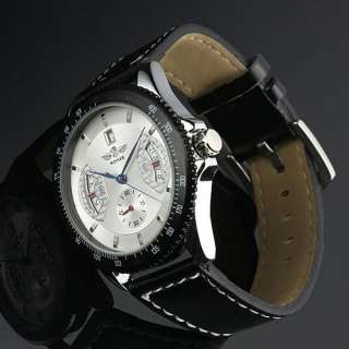 Classic SELF WINDING AUTOMATIC Luxury Mechanical Mens Black Leather 