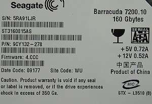 SEAGATE BARRACUDA 160GB 7,200 RPM HARD DRIVE ST3160815AS 9CY132 278 
