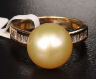 10mm South Sea Pearl Real 14K Yellow Gold Channel .35ct VS Baguette 