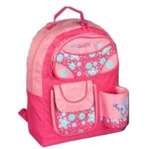 pink backpack for girls with stars, butterflies, and pockets infront 