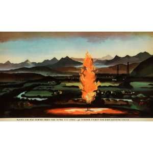 1938 Print Saalburg Fire Turner Valley Crude Oil Landscape 