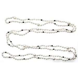   Cultured Pearl Rope Necklace. Adorned with Black Crystal Beads. EE 122