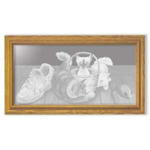  Cute Kittens Etched Mirror   Oak Frame Long Rectangle 