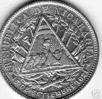 NICARAGUA K7 20 CENTAVOS,1383 1887 1 YEAR TYPE.8000 SILVER ALMOST 