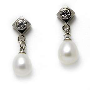 18k Gold Plated White Pearl CZ Drop Dangle Earrings  