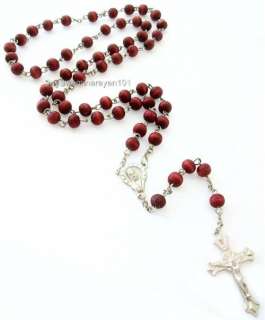 Red Wooden Rosary Necklace Cross Beaded Chain 28 Long  