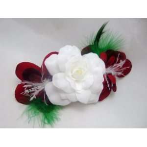  Gardenia with Red Velvet and Feathers Hair Clip 