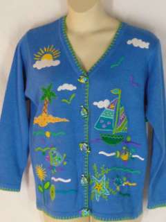NEW Quacker Factory Blue Sweater Boat Fish Design L  
