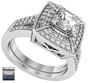   Dome Princess Cut CZ Wedding Band Rhodium Plated Ring Set  