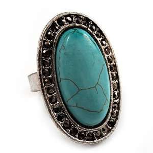   Oval Turquoise Style Diamante Ring (Antique Silver Finish) Jewelry