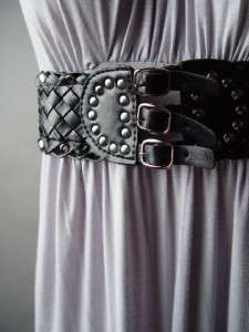 MINIMALIST Studded Woven Faux Belt Empire Waist Jersey Knit Long Maxi 