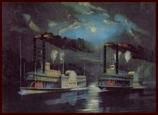 Currier & Ives A Midnight Race on The Mississippi 1860  