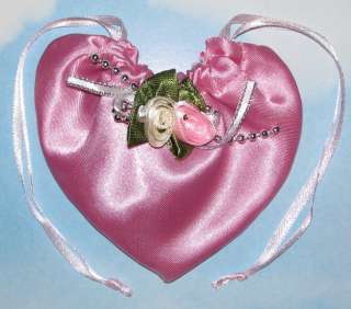 20 PINK SATIN HEART ROSETTE BAGS WEDDING FAVOR POUCHES  