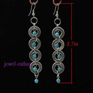 Tibet Silver Round Coin Turqoise Dangle Charms earrings  