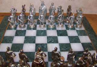 14 Square Chess Set Marble Green Board Crusader Metal Figures  