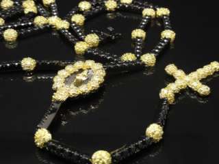 Mens Catholic Rosary 34+8 Inch Gold Finish Diamond Simulate Necklace 