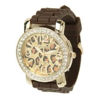 GENEVA Crystal Silicone Link Watch W/ Leopard Print Face [7817], Brown