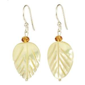  Mother Of Pearl Leafs with Amber Glass Rondelle Earrings 