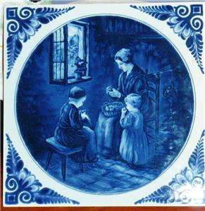 Large Vintage Antique Blue and White Delft Ware Tile Home Sceen  