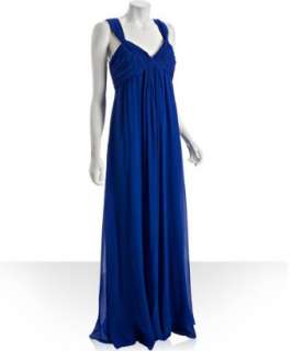 Notte by Marchesa royal blue silk chiffon ruched v neck gown   