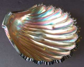 Carnival Glass Scallop Shell Bowl on Green Glass  