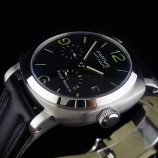 bow glass 44mm parnis black dial Power Reserve Automatic date mens 