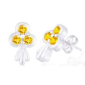  Round Cut Citrine Three Stone Earrings Sterling Silver 