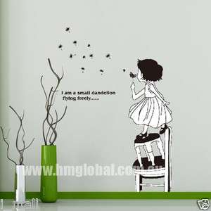 LITTLE GIRL BLOWING DANDELION Kids Removable Wall Sticker, & Quote 