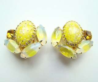 Lemon Yellow Clip Earrings Gold Fleck Art Glass Vintage  